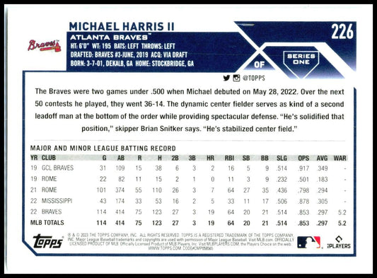 2023 Topps #226 Michael Harris II Rookie Atlanta Braves