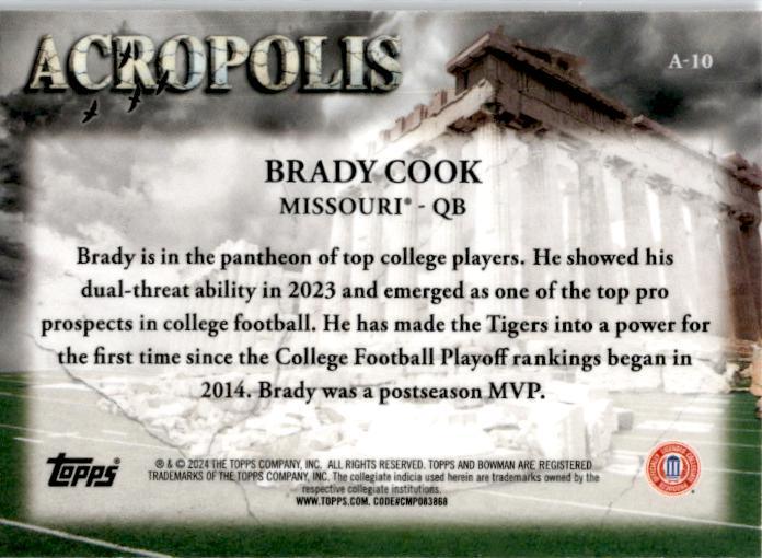 2024 Bowman University Chrome Acropolis #A-10 Brady Cook Missouri Tigers