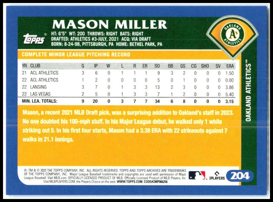 2023 Topps Archives #204 Mason Miller Rookie Oakland Athletics