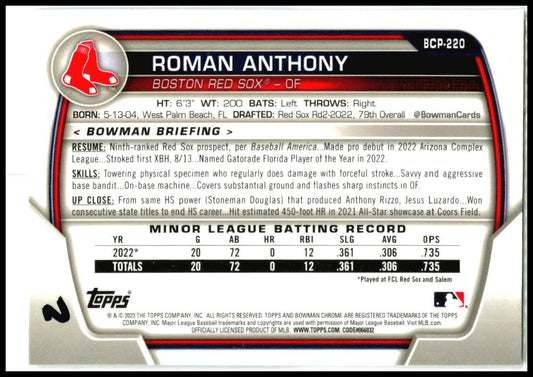 2023 Bowman Chrome Prospects #BCP-220 Roman Anthony Boston Red Sox