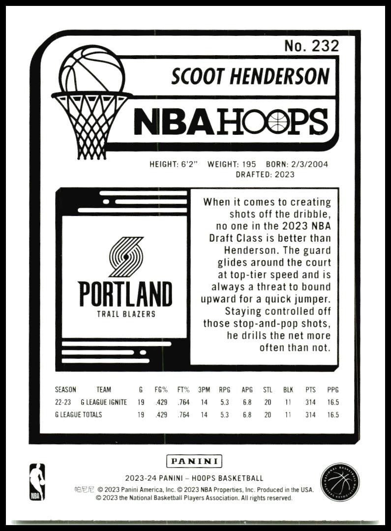 2023-24 Hoops #232 Scoot Henderson Rookie Portland Trail Blazers
