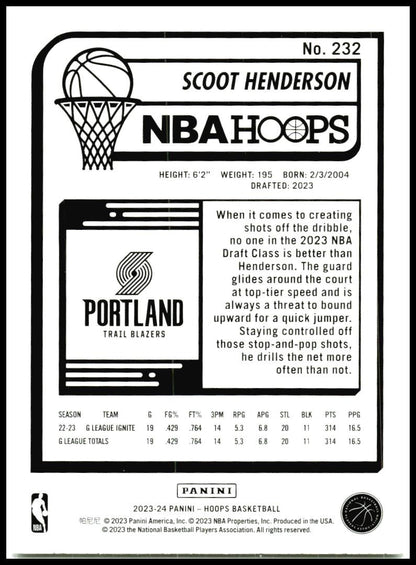 2023-24 Hoops #232 Scoot Henderson Rookie Portland Trail Blazers