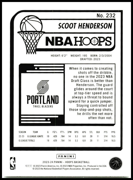 2023-24 Hoops #232 Scoot Henderson Rookie Portland Trail Blazers