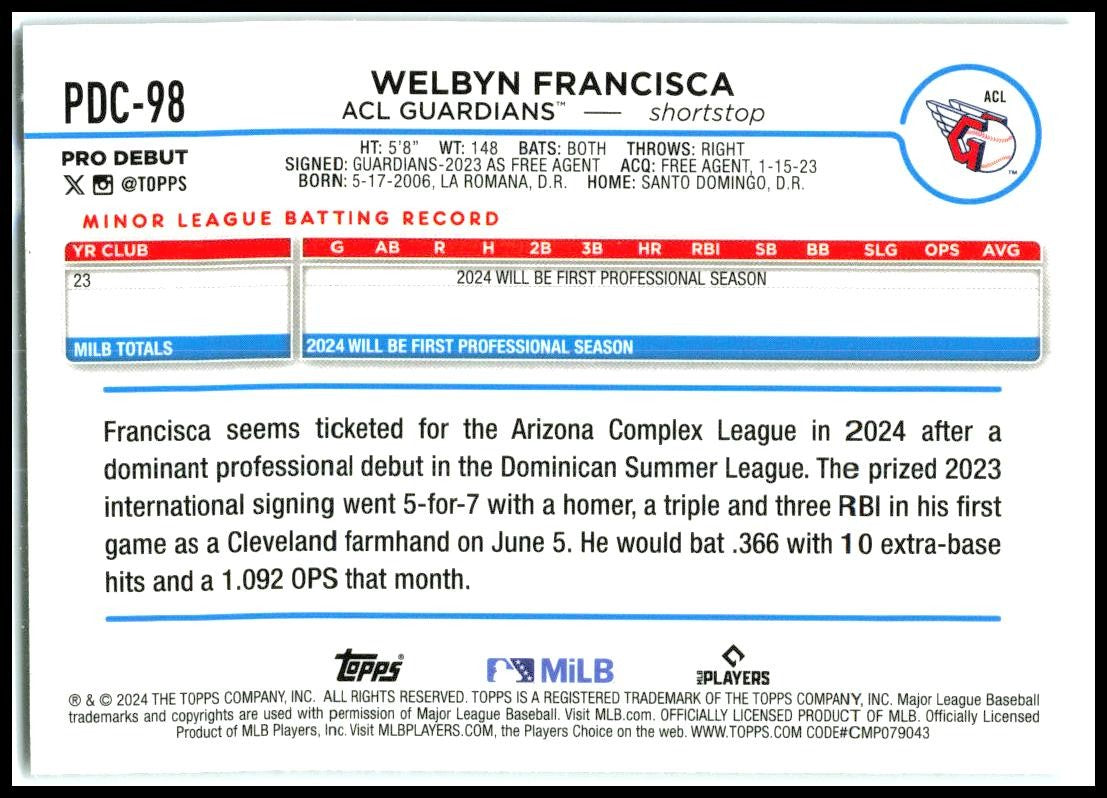 2024 Topps Pro Debut Chrome #PDC-98 Welbyn Francisca ACL Guardians