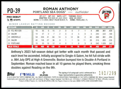 2024 Topps Pro Debut #PD-39 Roman Anthony Autographs Purple Foil #/299