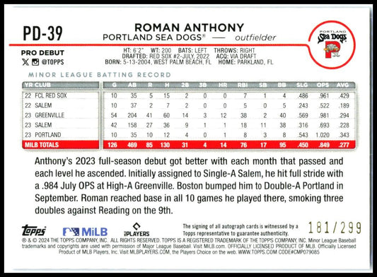 2024 Topps Pro Debut #PD-39 Roman Anthony Autographs Purple Foil #/299