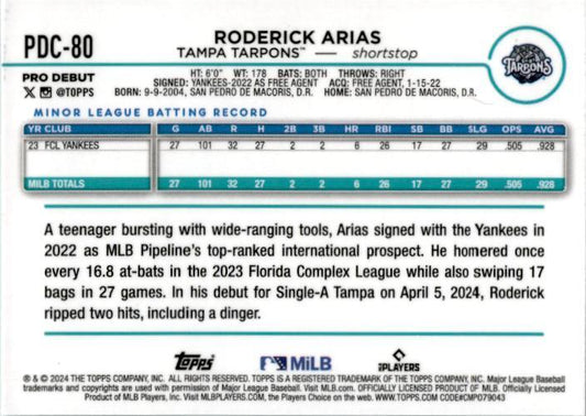 2024 Topps Pro Debut Aqua Foil #PDC-80 Roderick Arias Tampa Tarpons /75