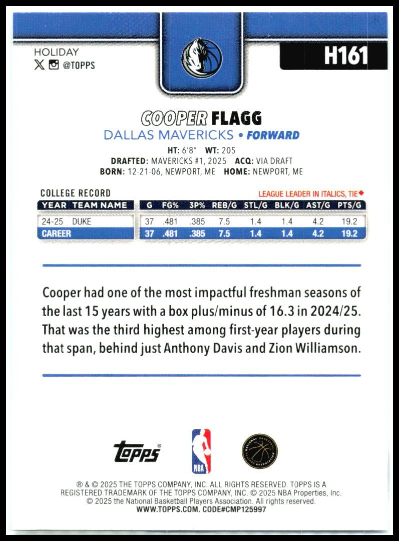 2025-26 Topps Holiday #H161 Cooper Flagg Rookie Dallas Mavericks