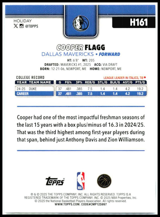 2025-26 Topps Holiday #H161 Cooper Flagg Rookie Dallas Mavericks