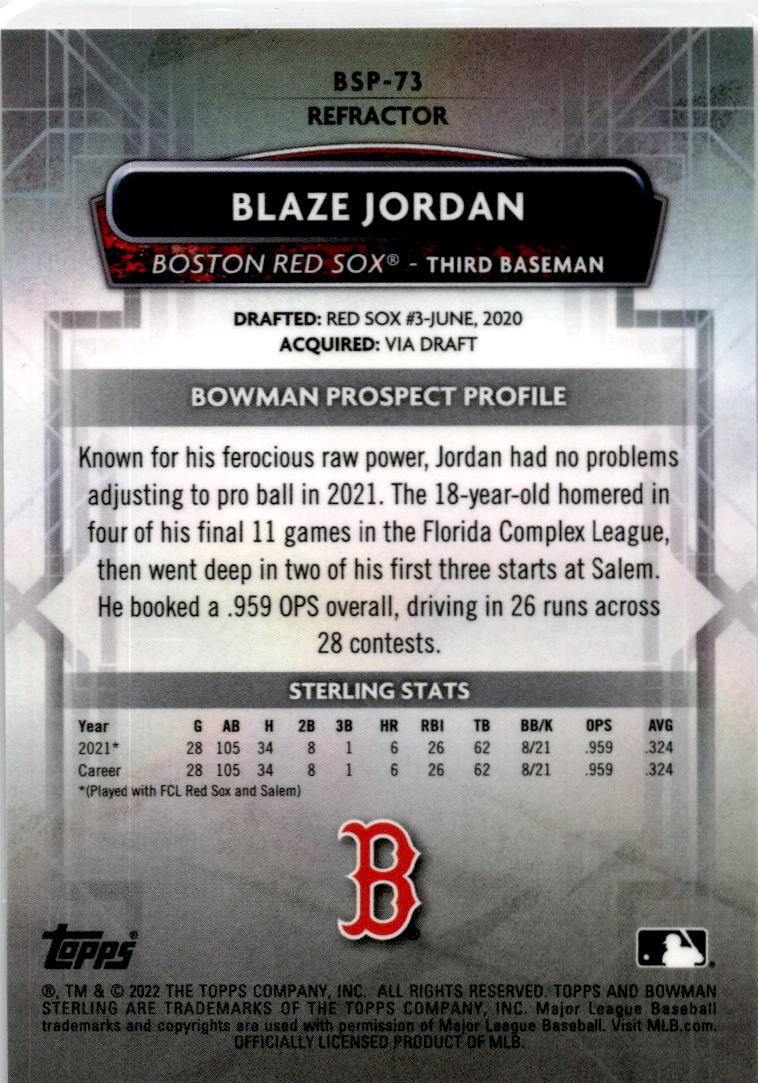 2022 Bowman Sterling Refractor #BSP-73 Blaze Jordan #/199 Boston Red Sox
