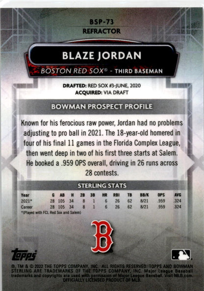 2022 Bowman Sterling Refractor #BSP-73 Blaze Jordan #/199 Boston Red Sox