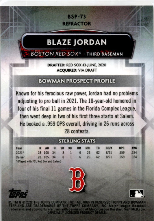2022 Bowman Sterling Refractor #BSP-73 Blaze Jordan #/199 Boston Red Sox