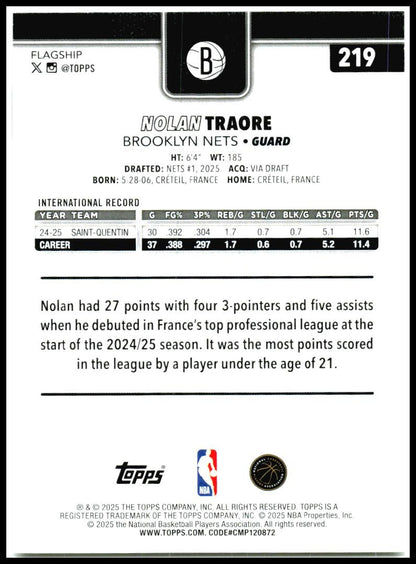 2025-26 Topps #219 Nolan Traore Rookie Brooklyn Nets