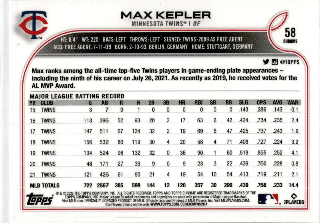 2022 Topps Chrome Sepia #58 Max Kepler Twins
