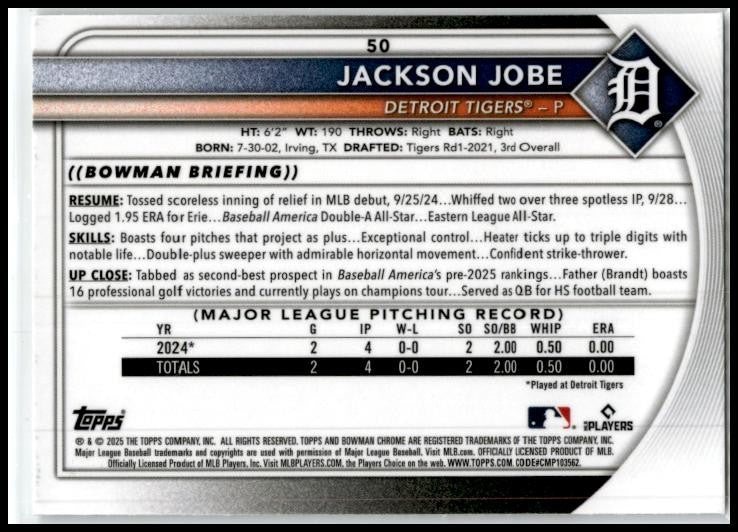 2025 Bowman Chrome Mojo #50 Jackson Jobe Tigers
