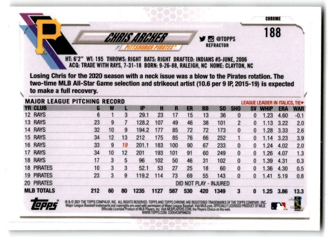 2021 Topps Chrome Refractor Chris Archer Pittsburgh Pirates #188