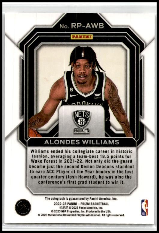 2022-23 Prizm Rookie Penmanship #RP-AWB Alondes Williams Auto Brooklyn Nets