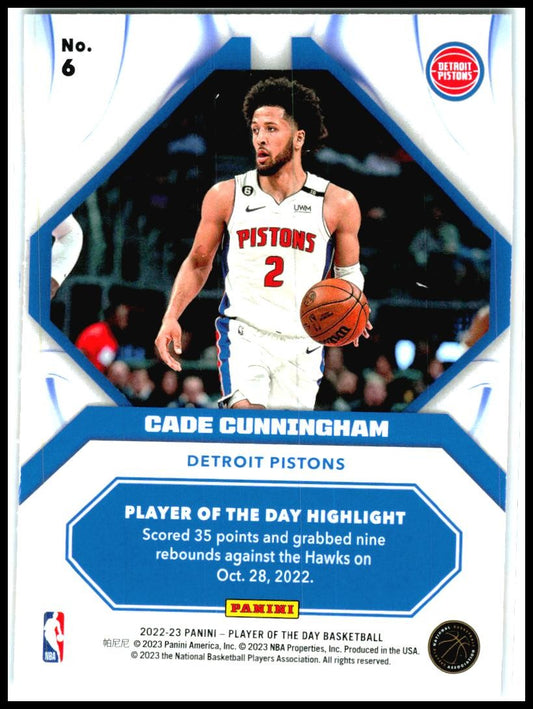 2022-23 Player of the Day Orange Foil /199 #6 Cade Cunningham Pistons