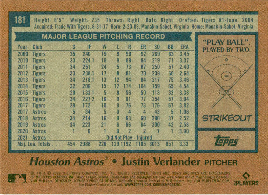 2022 Topps Archives ##181 Justin Verlander  1978 Topps Design Houston Astros