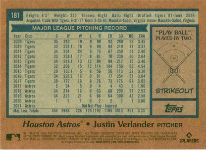 2022 Topps Archives ##181 Justin Verlander  1978 Topps Design Houston Astros
