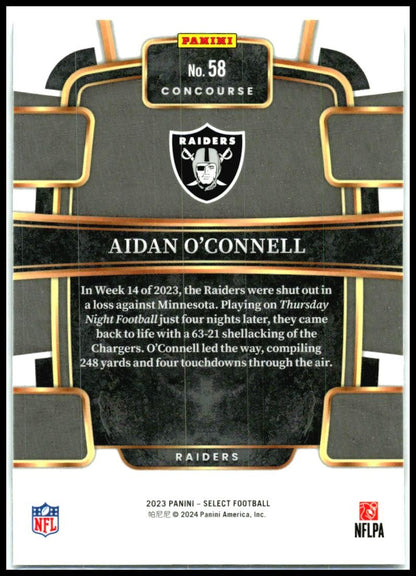 2023 Panini Select #58 Aidan O'Connell Rookie Las Vegas Raiders