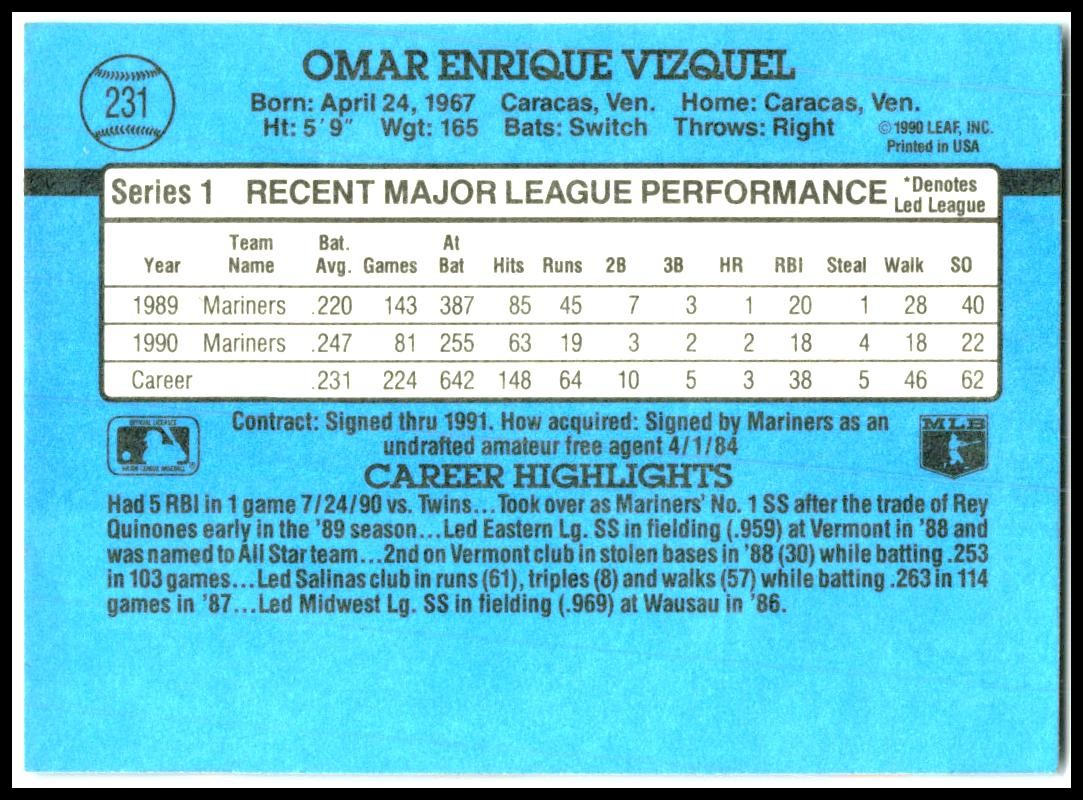 1991 Donruss #231b Omar Vizquel Seattle Mariners