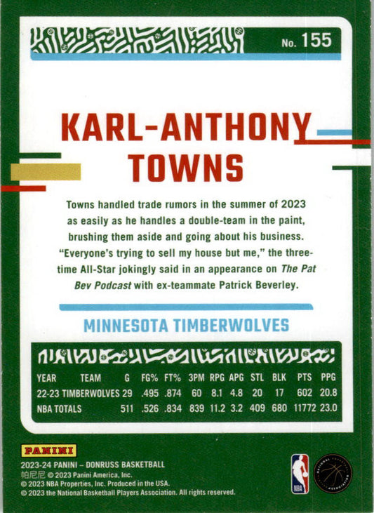 2023-24 Donruss Green Laser Holo #155 Karl-Anthony Towns  Timberwolves