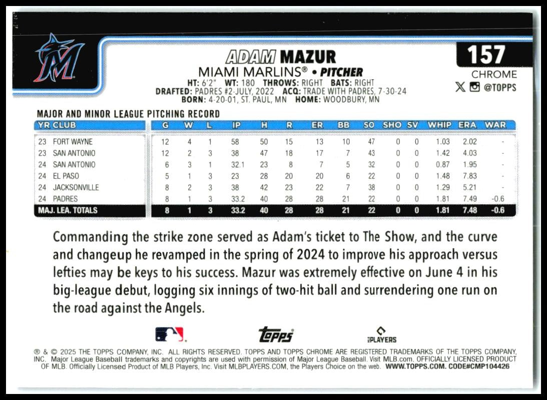 2025 Topps Chrome Purple Logofractor /150 #157 Adam Mazur Rookie Miami Marlins