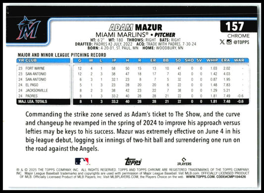2025 Topps Chrome Purple Logofractor /150 #157 Adam Mazur Rookie Miami Marlins