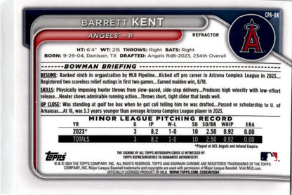 2024 Bowman Chrome Refractor #CPA-BK Barrett Kent Auto Los Angeles Angels /499