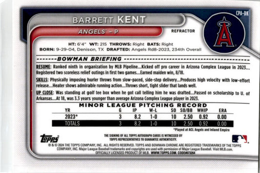 2024 Bowman Chrome Refractor #CPA-BK Barrett Kent Auto Los Angeles Angels /499