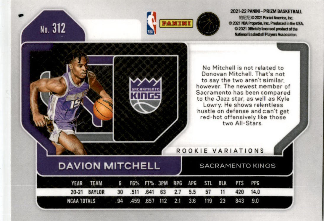 2021-22 Panini Prizm rookie variations #312 Davion Mitchell Sacramento Kings