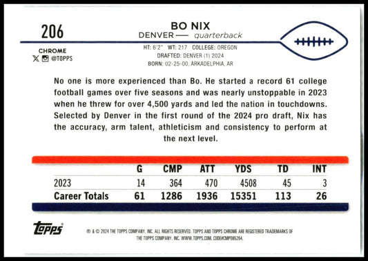 2024 Topps Chrome #206 Bo Nix Rookie Denver Broncos