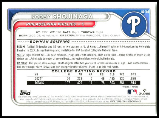 2024 Bowman Draft #BD-108 Kodey Shojinaga Philadelphia Phillies