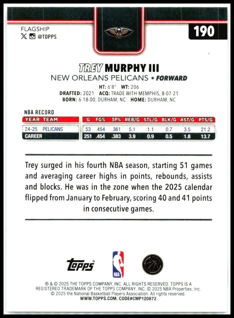 2025-26 Topps Sandglitter #190 Trey Murphy III New Orleans Pelicans