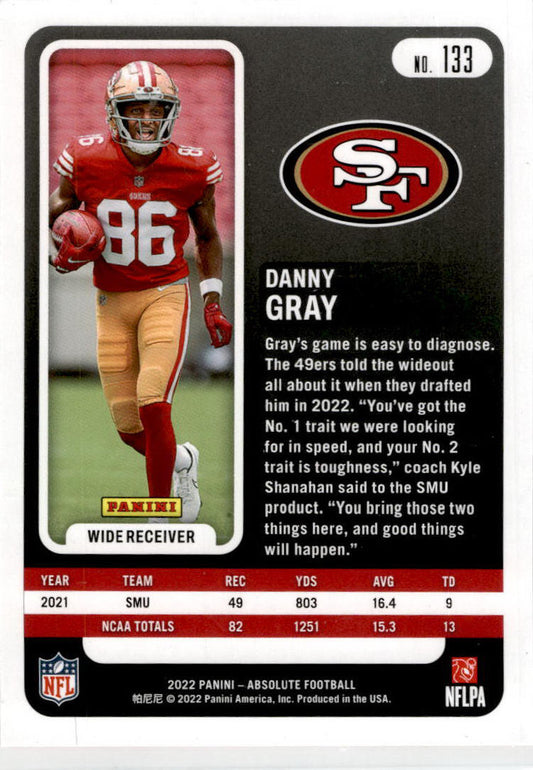 2022 Panini Absolute Red Squares #133 Danny Gray Rookie /499 San Francisco 49ers