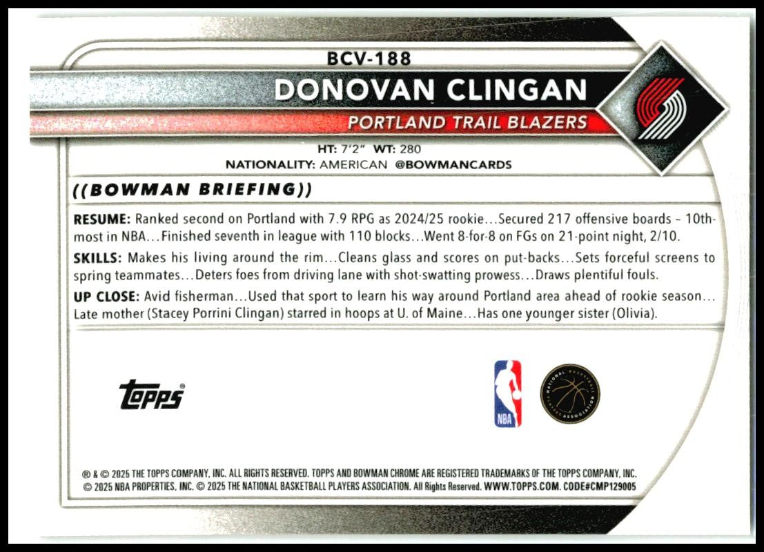2025-26 Bowman Chrome Gold Shimmer /50 #BCV-188 Donovan Clingan Portland