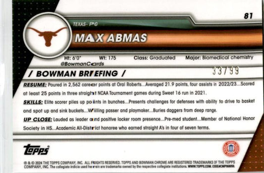 2023-24 Bowman University Chrome Green Refractor #81 Max Abmas Longhorns