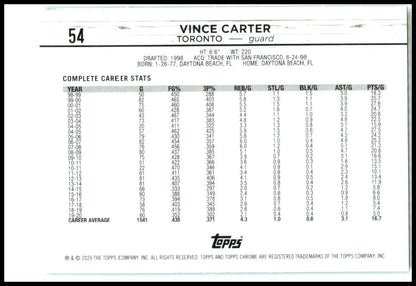 2024-25 Topps Chrome Blue Basketball Refractor #54 Vince Carter Toronto Raptors