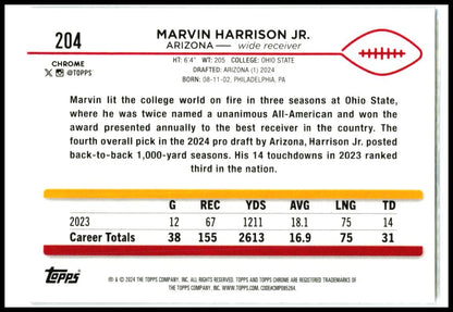 2024 Topps Chrome #204 Marvin Harrison Jr. Rookie Arizona Cardinals