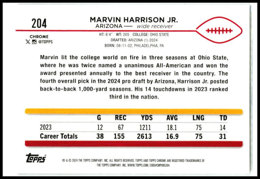 2024 Topps Chrome #204 Marvin Harrison Jr. Rookie Arizona Cardinals