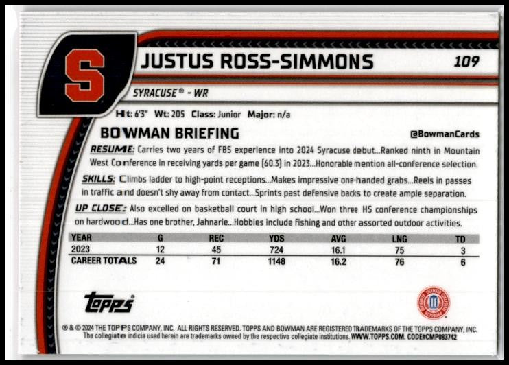 2024 Bowman University Chrome Pink Lava Refractor #109 Justus Ross-Simmons