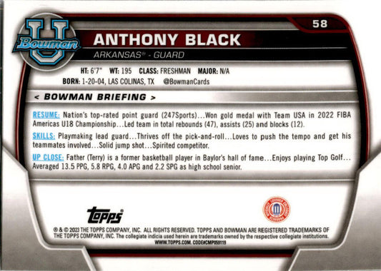 2022-23 Bowman University Chrome #58 Anthony Black Arkansas Razorbacks