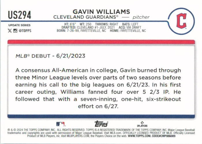 2024 Topps Update #US294 Gavin Williams Cleveland Guardians RC Rookie Debut
