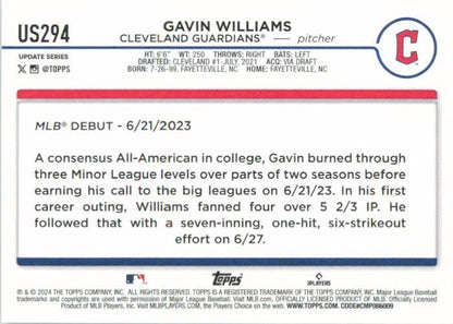2024 Topps Update #US294 Gavin Williams Cleveland Guardians RC Rookie Debut