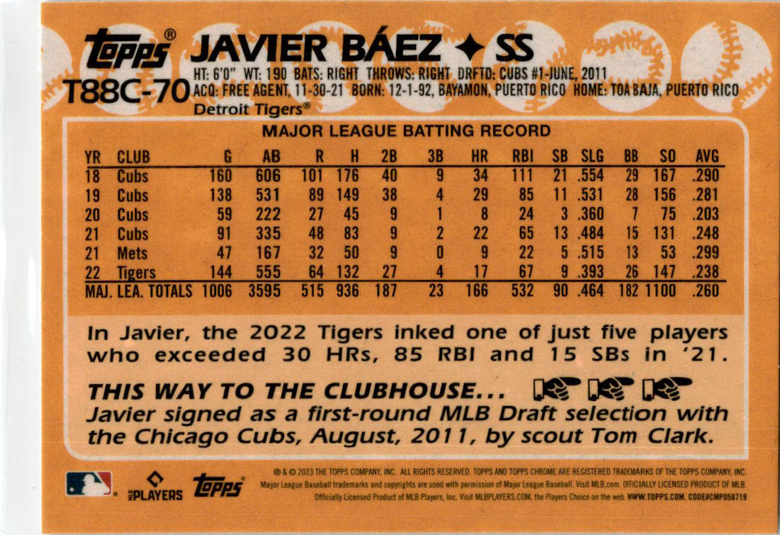 2023 Topps Chrome Mega #T88C-70 Javier Báez Detroit Tigers