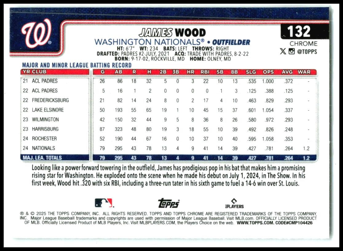 2025 Topps Chrome #132 James Wood Washington Nationals