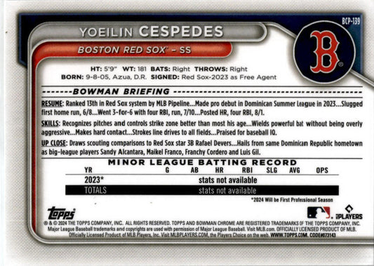 2024 Bowman #BCP-139 Yoeilin Cespedes Boston Red Sox