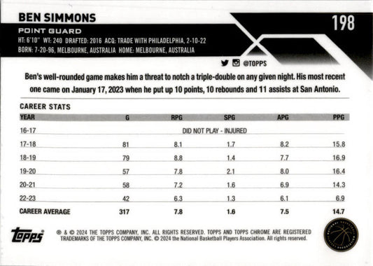 2023-24 Topps Chrome Basketball #198 Ben Simmons Brooklyn Nets