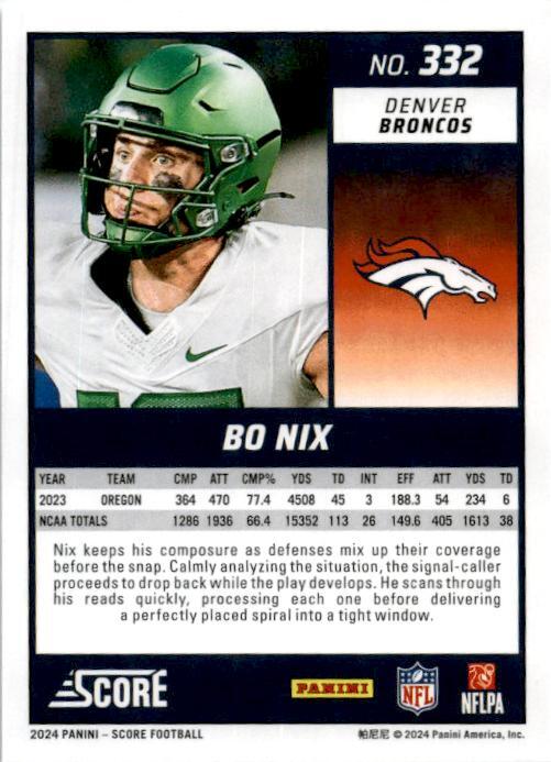 2024 Score #332 Bo Nix Rookie Denver Broncos